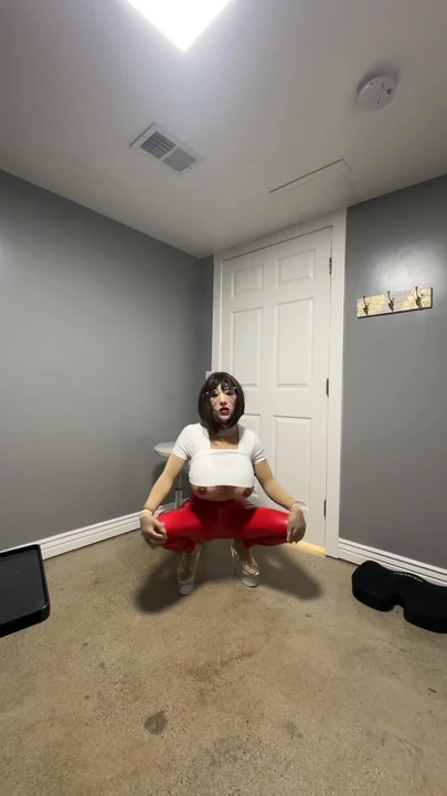 Thrilling moment from "Hot trans CD in sexy red latex jeans"