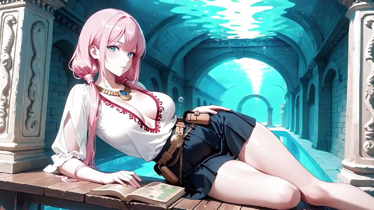 Underwater Fantasy Pink-haired Girl in a Sailor Suit Lounging Lazely, Fingertips Touching the Water as Sunlight Wets Her Skin.