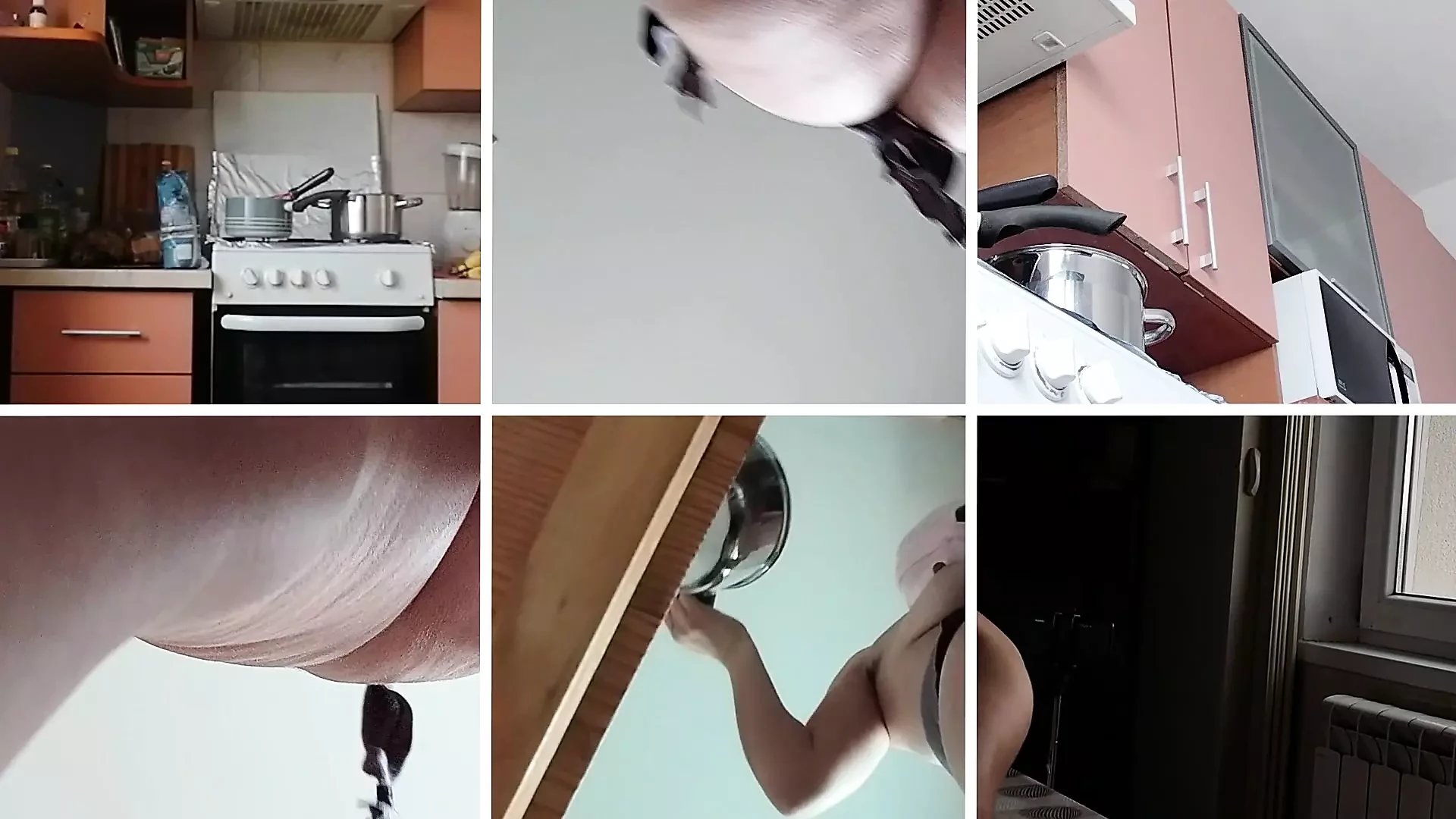 Brunette hairy bun, big tits, sensual hairy woman in the kitchen. Sexy MILF, hairy pussy, big ass