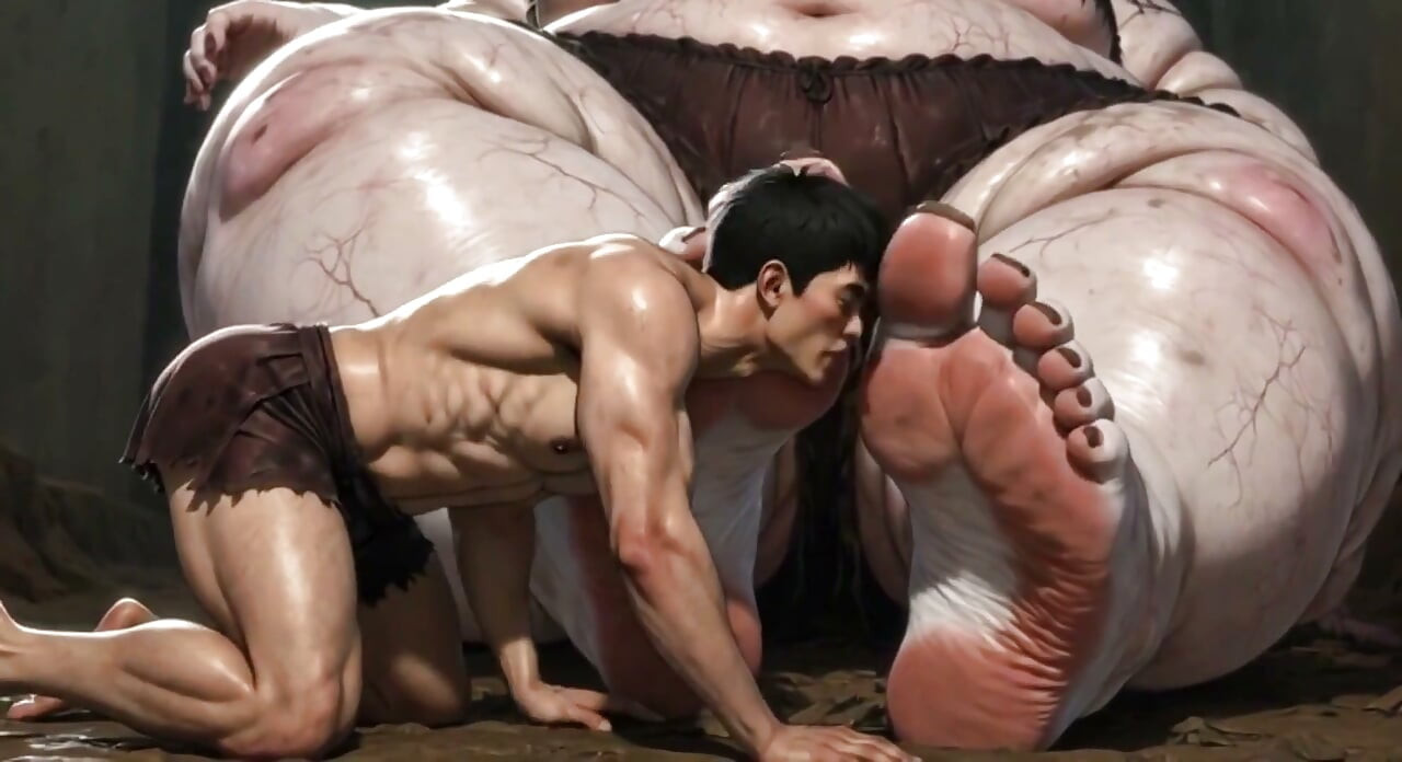 Enorme giganta obesa grandota - esclava lamiendo sus pies gigantes en adoración