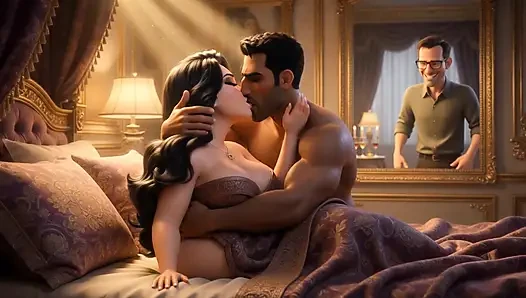 A Muslim man and a Jewish wife, with her cuckold  Christian husband watching her being fucked.