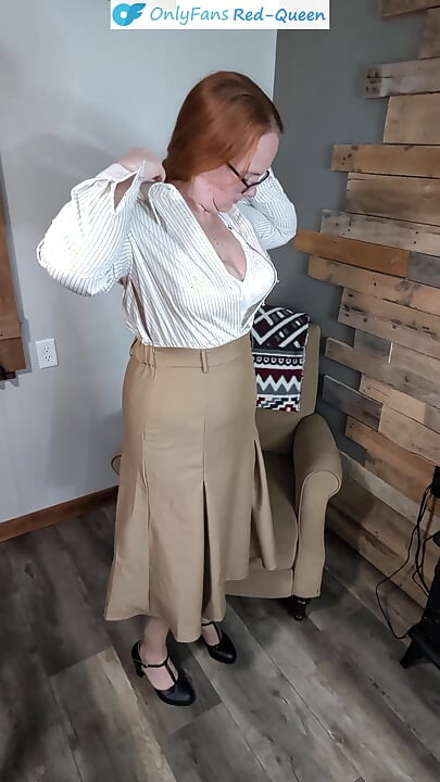 Classy Redhead 50S Secretary or Teacher Outfit Dressing From Girdle and Stockings - Heels, Dress, Blouse, and No Panties