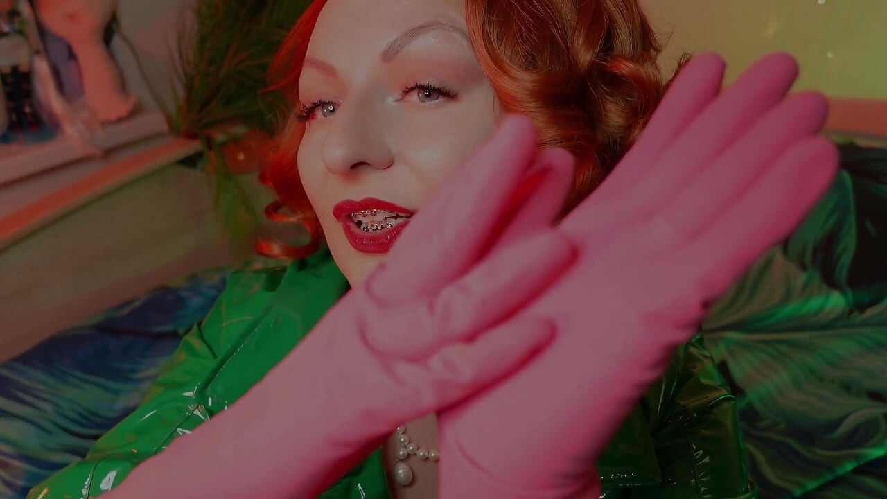 Pretty pin up model Arya and pink latex household gloves
