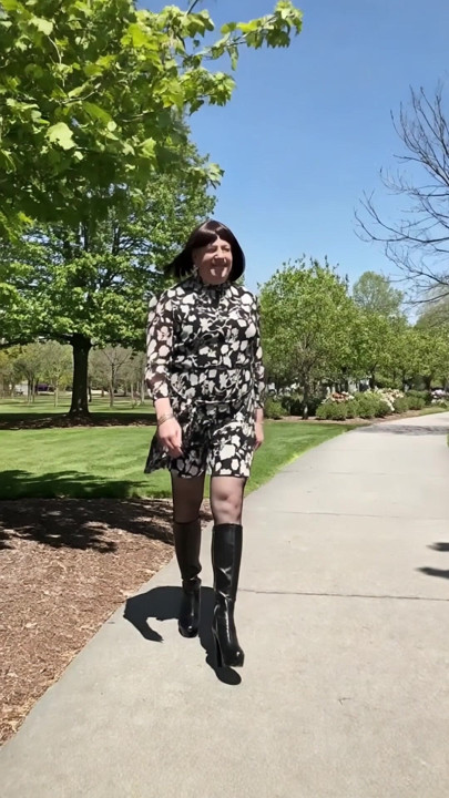 Nicolette Walk in a Park with high-heeled boots and pantyhose