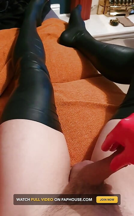 Fooling around, red latex opera gloves and black latex stockings