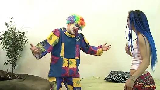 Some unusual cosplay fuckery between a striking blue hair girl and a miserable horndog clown
