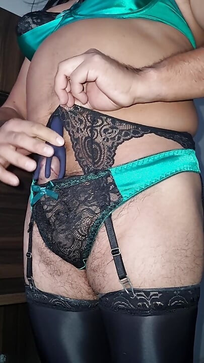 Green Satin Tights with Black Lace, Sissycum with Vibrator