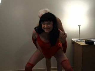 Tgirl Scarlette fucked from behind with a smile