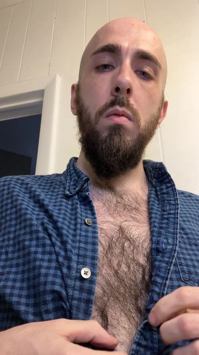 Bald bearded blue-eyed white guy takes off shirt to show off very hairy chest and armpits