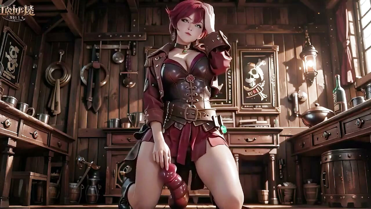 Capitaine pirate rousse ! Elle joue avec sa jolie dans une cabine de navire vintage.