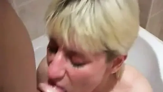Blowjob titty fuck and cumshot for blond mature