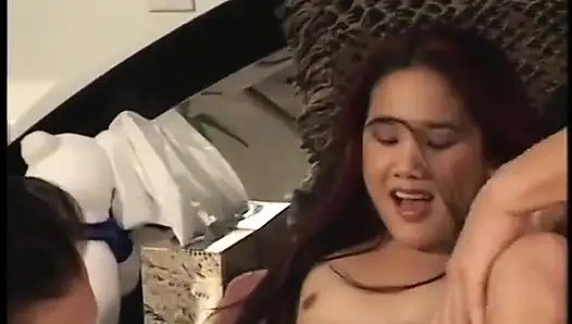 Asian slut in a short jean skirt and sneakers gets banged in all directions