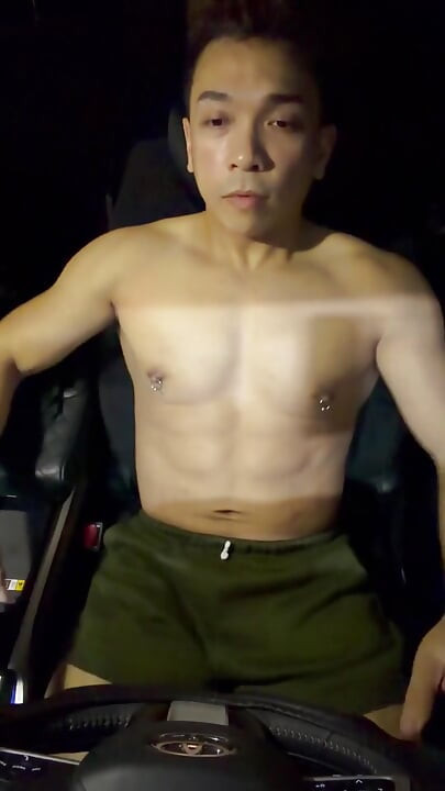Muscular Pinoy Twink Strokes His Hard Cock in Parked Car on Dark Manila Streets