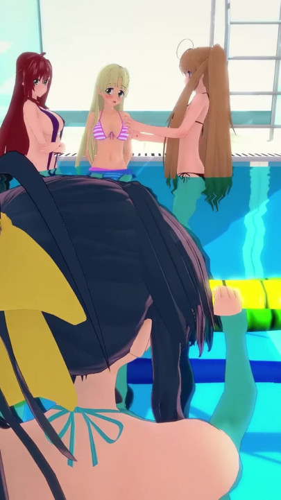 Rias & Akeno Thresome while phonecall and Akeno fucked in public Pool - DXD NTR Madness Series | Clip 1