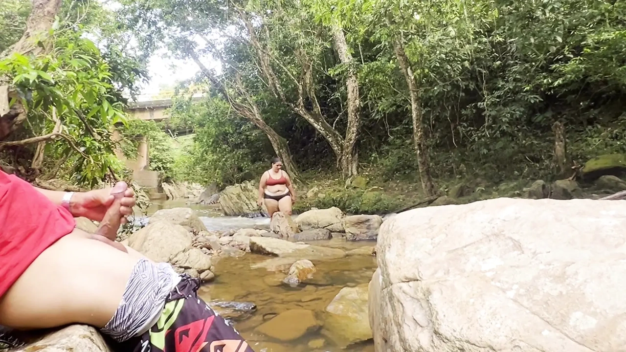 Unknown woman gives me a handjob in a river Load of milk in my tits