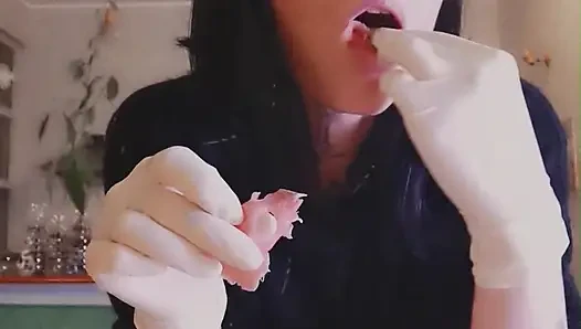 Ich bin hungrig, jetzt essen lachs weiße LATEXHANDSCHUHE GODDESSLOLLI