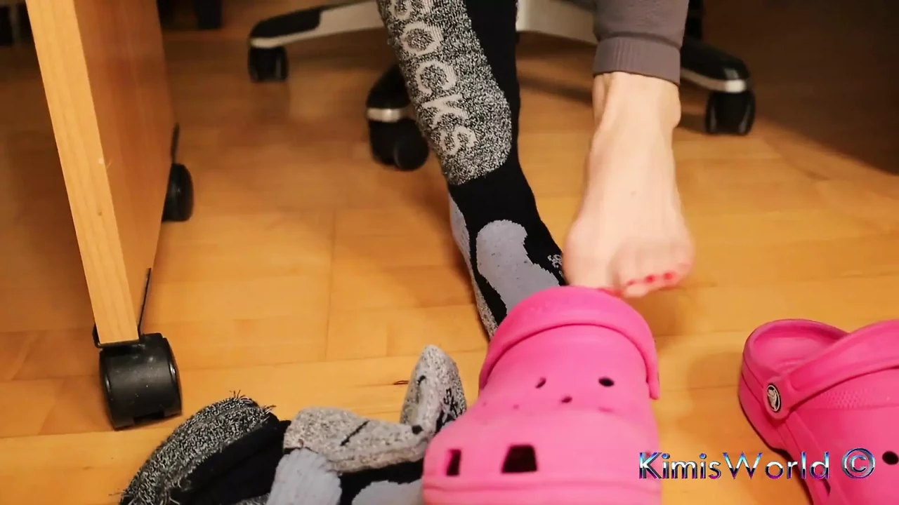 Gray Leggings, Pink Clogs, Ski Socks & Barefoot Under Desk