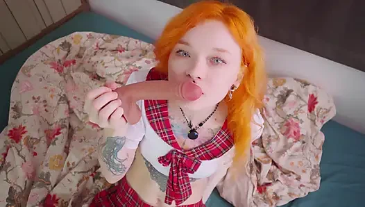 Naughty Schoolgirl Sucking Big Toy & Stretching Tight Pussy