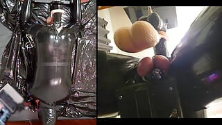 Session in the pillory with Latex Catsuit, PA Chastity, Giant Didildo and Estim