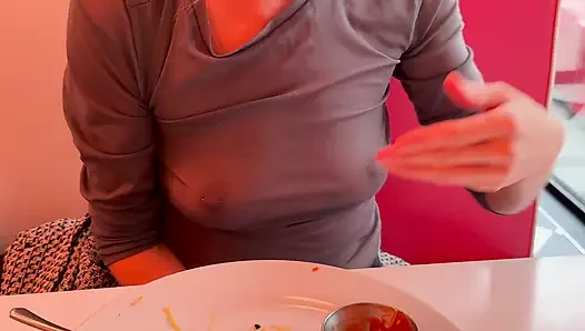Having lunch in a restaurant wearing totaly sheer top exposing my pierced nipples and sexy boobs