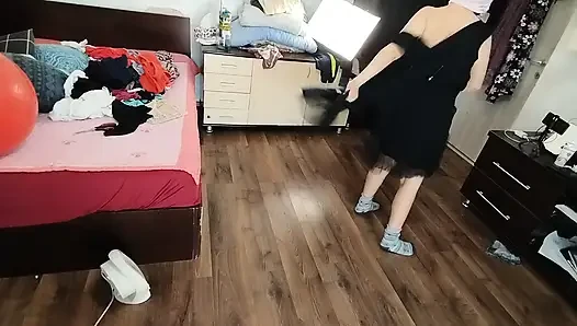 Amateur Woman Has Fun Trying on Clothes and Cutting Them.