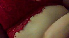 Evening homemade masturbation in beautiful red lingerie with an orgasm. Close-up