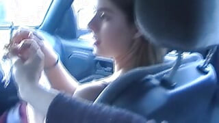 Teenage German babes enjoying lesbo fun before giving head in a car
