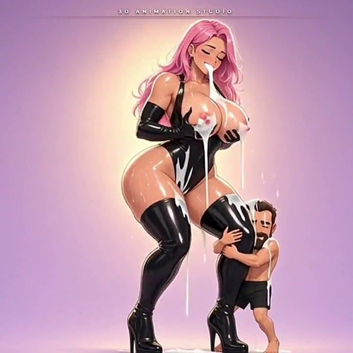 Pink-haired Anime Latex Giantess Squeezes Milk From Her Huge Tits as a Tiny Man Hugs Her Boot
