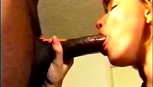 Huge black cock sucking, hairy pussy petite fucking in dogging position