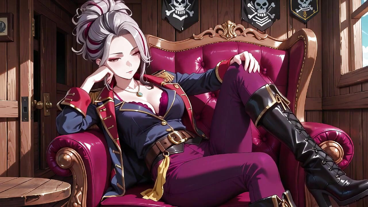 Silver-Haired Pirate Queen! Sun-drenched ship cabin, navy uniform slightly damp, kneeling with a teasing gaze.
