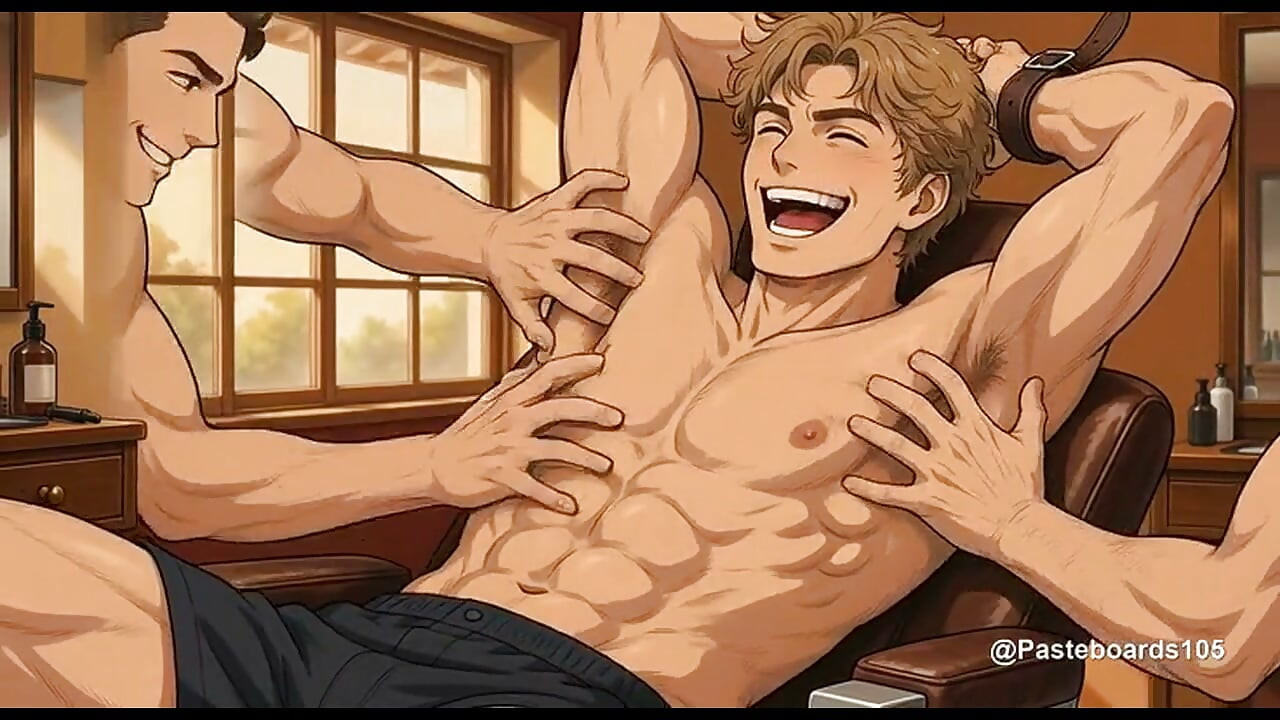 Strapped In The Barber Chair - Bare Hands In His Stretched Armpits (2D Anime)
