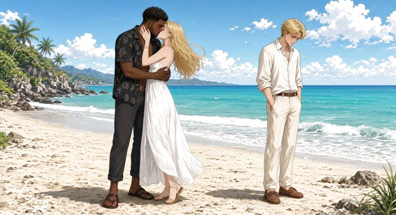Rotujen välinen suuteleminen ja alistuva cuckold-anime (AI-taide)