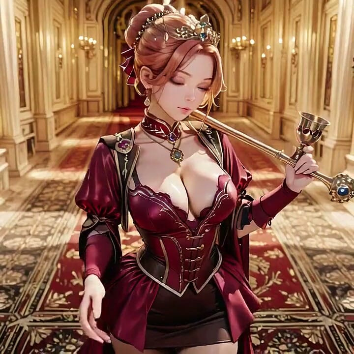 Red Queen on the Golden Throne! Deep Velvet Gown, Lazy Chin Rest, and a Gaze That Locks Onto You. Is She a Ruler or Prey?