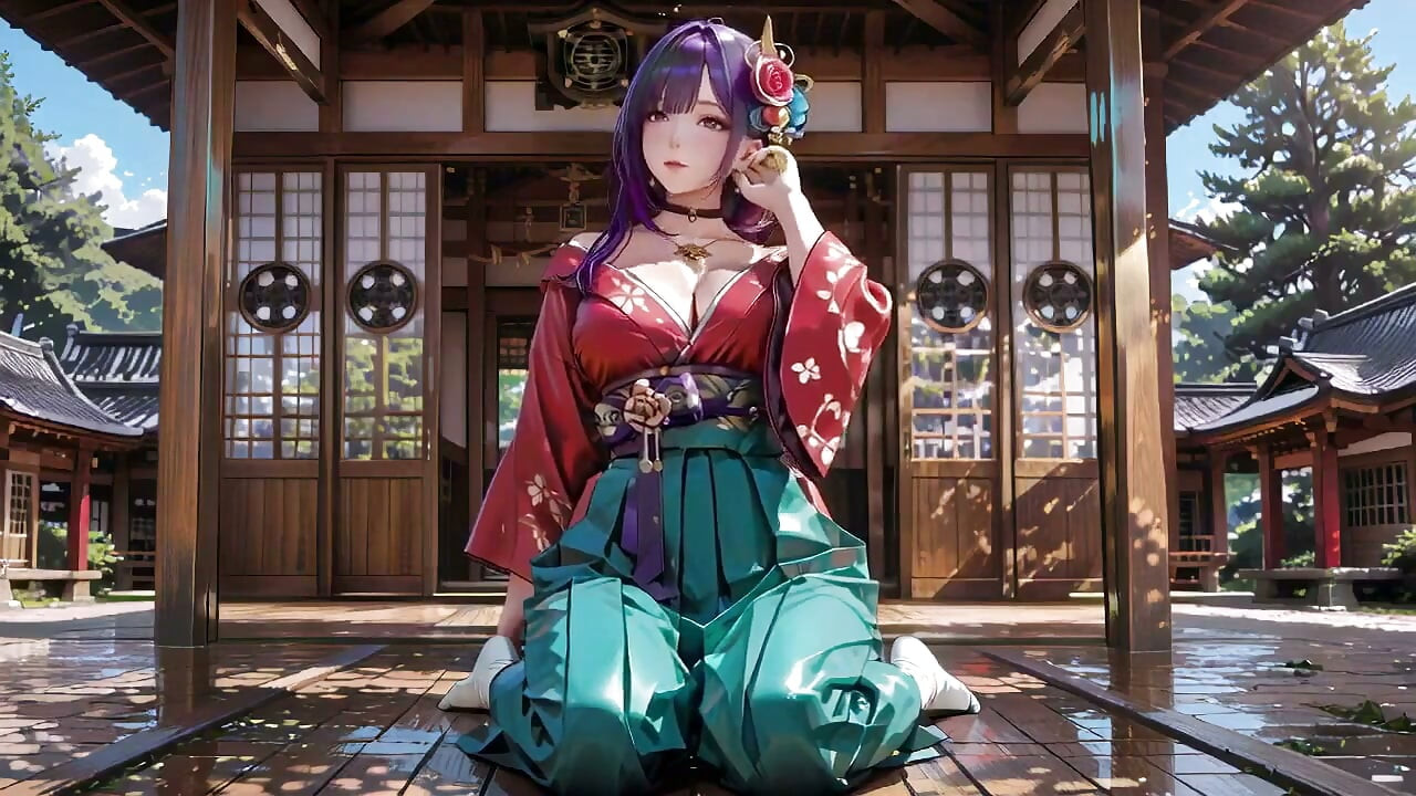 Purple Hair & Kimono! زانو زدن اغواکننده در باغ ژاپنی.
