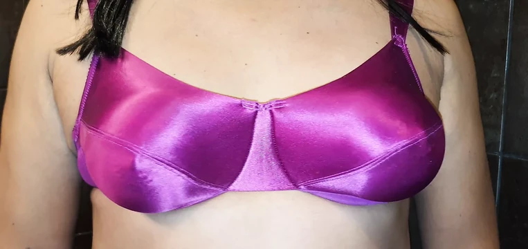 Purple satin bra close up
