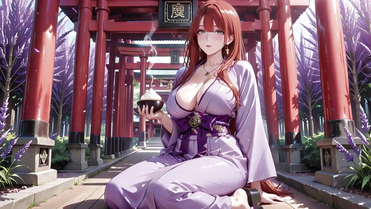 Miko ruiva! Trocando perfeitamente entre o jardim japonês e o quarto, de poses preguiçosas para provocação na boca molhada.