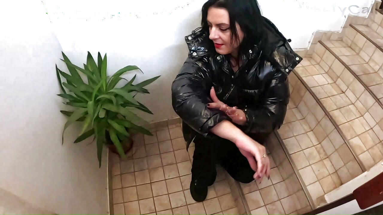 Shiny Downjacket Stairway Fuck. Deepthroat, Hard Doggy and Cum on My Jacket