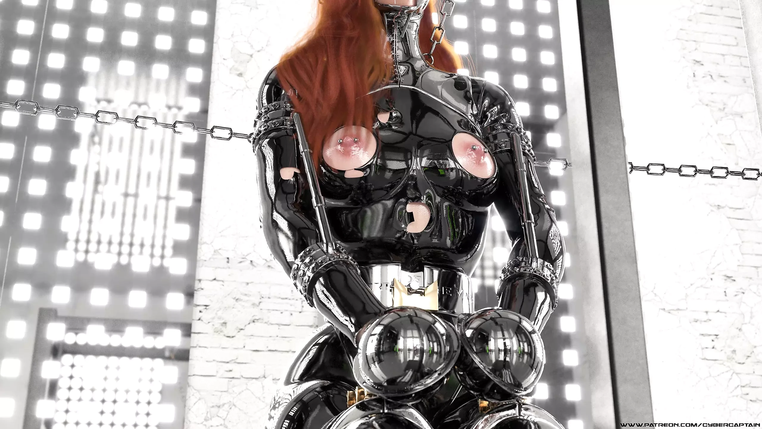 Jengibre en bondage de metal hardcore y catsuit de látex animación 3d