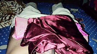 Handjob with maroon satin silky suit of nurse (15)