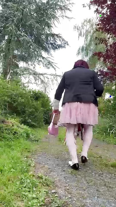 Dressed in a pink polka dot skirt for a party