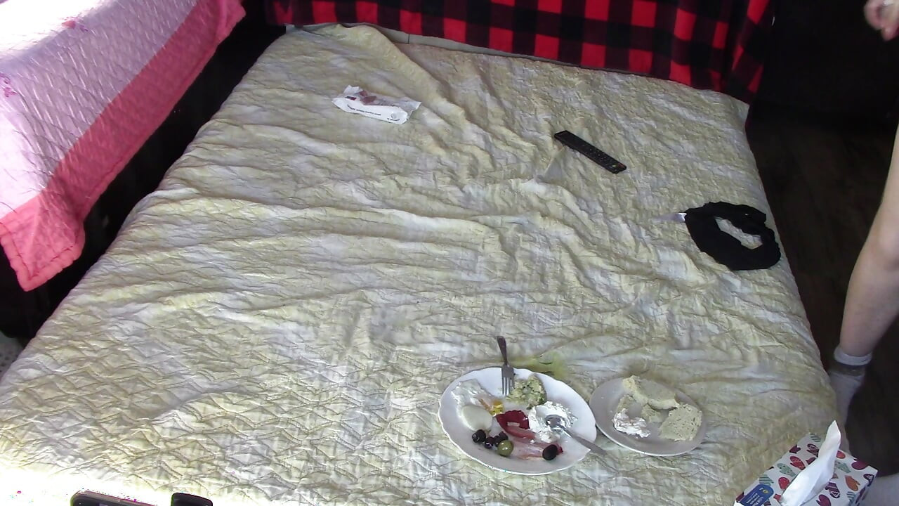 Amateur wife breakfast in the bedroom. Sexy Latina with hairy pussy, big tits, big ass. I cum on my wife's big ass
