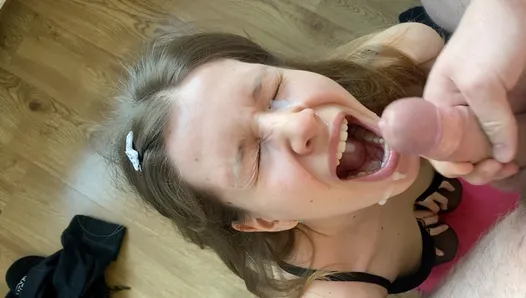 College girl gives sensual blowjob and get load on her face