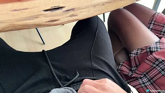 Open Study Space handjob under the table with nylon feet