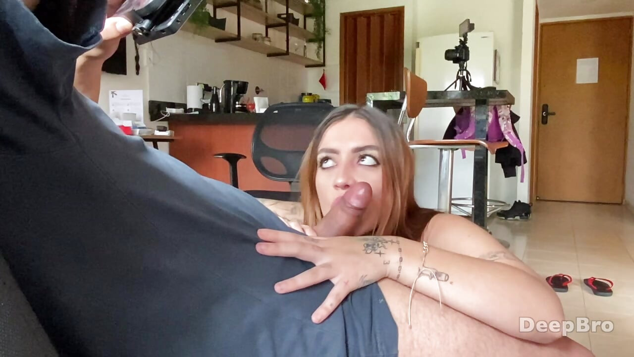 Sweet face red lingerie perfect gagging blowjob on couch