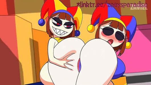 Two mischievous clowns are having fun after the show