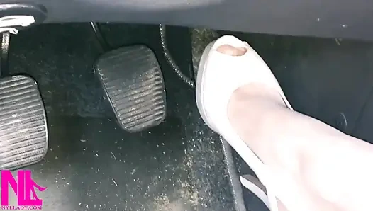 Revving and Crazy Pedal Pumping in White Stockings and White High Peeptoed Heeled Sandals