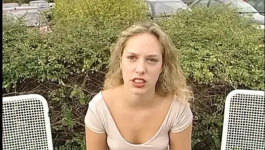 Cute blonde chick blows hard cock outdoors