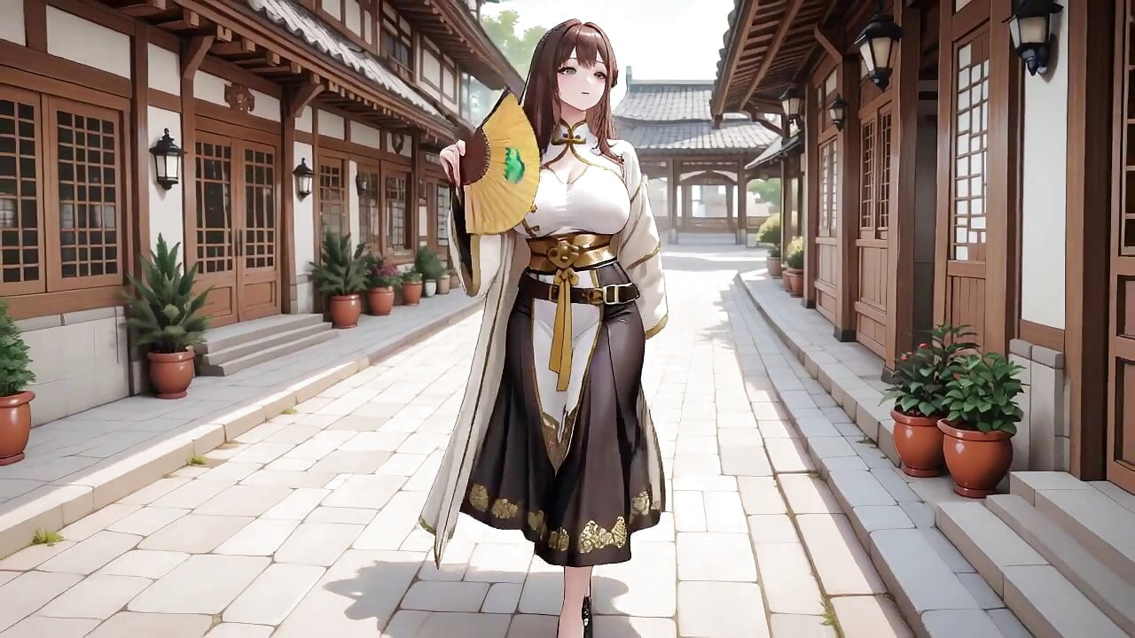Die schwarz-gold-qipao-dame kniet auf dem Holzkorridor nieder und spielt mit ihren haaren, brötchen, sonnenlicht trifft ihre haut
