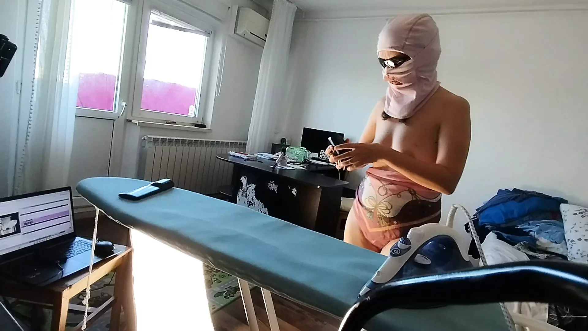 A sexy wife does yoga naked. Hairy brunette, big tits, big ass. Sexy wife with hairy hair dances naked.