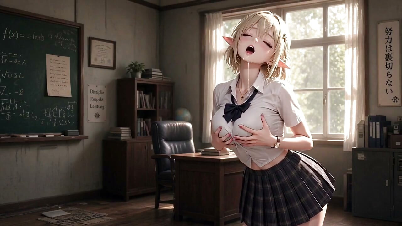 3d Anime blondine studerer Cosplay, onanerer og knepper på professorens kontor